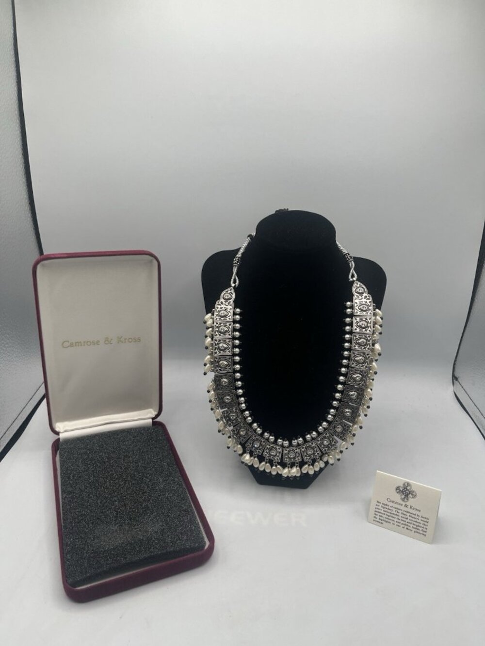 Camrose & Kross JBK silvertone faux pearl bib statement necklace.
